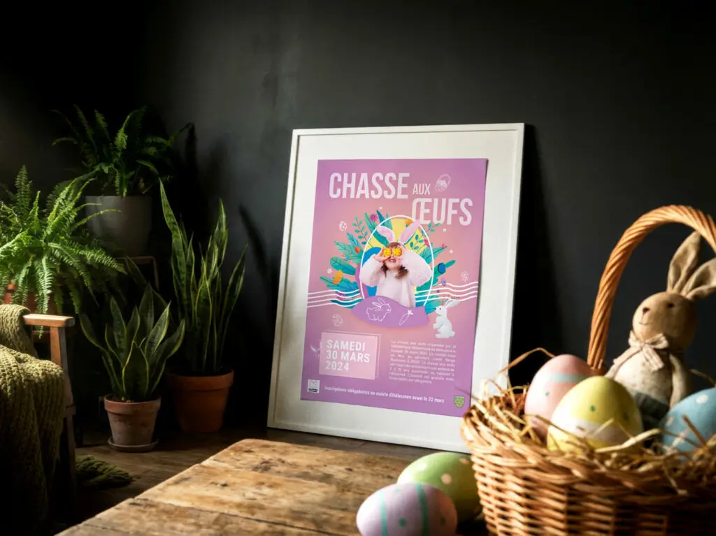 Affiche de pâques de la commune d'Hélesmes sur une table en bois avec un panier d'oeuf de pâques