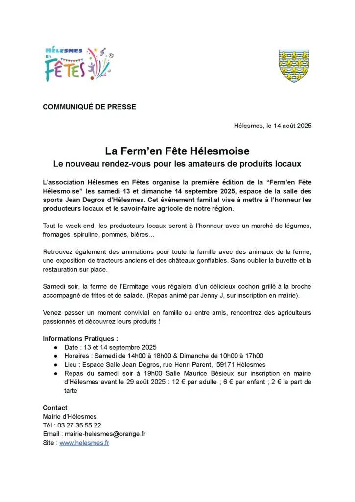 Communiqué de presse de la Ferm'en Fête Hélesmoise 2025