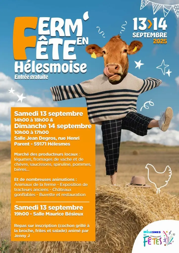 Affiche de la Ferm'en Fête Hélesmoise avec une mascotte vache
