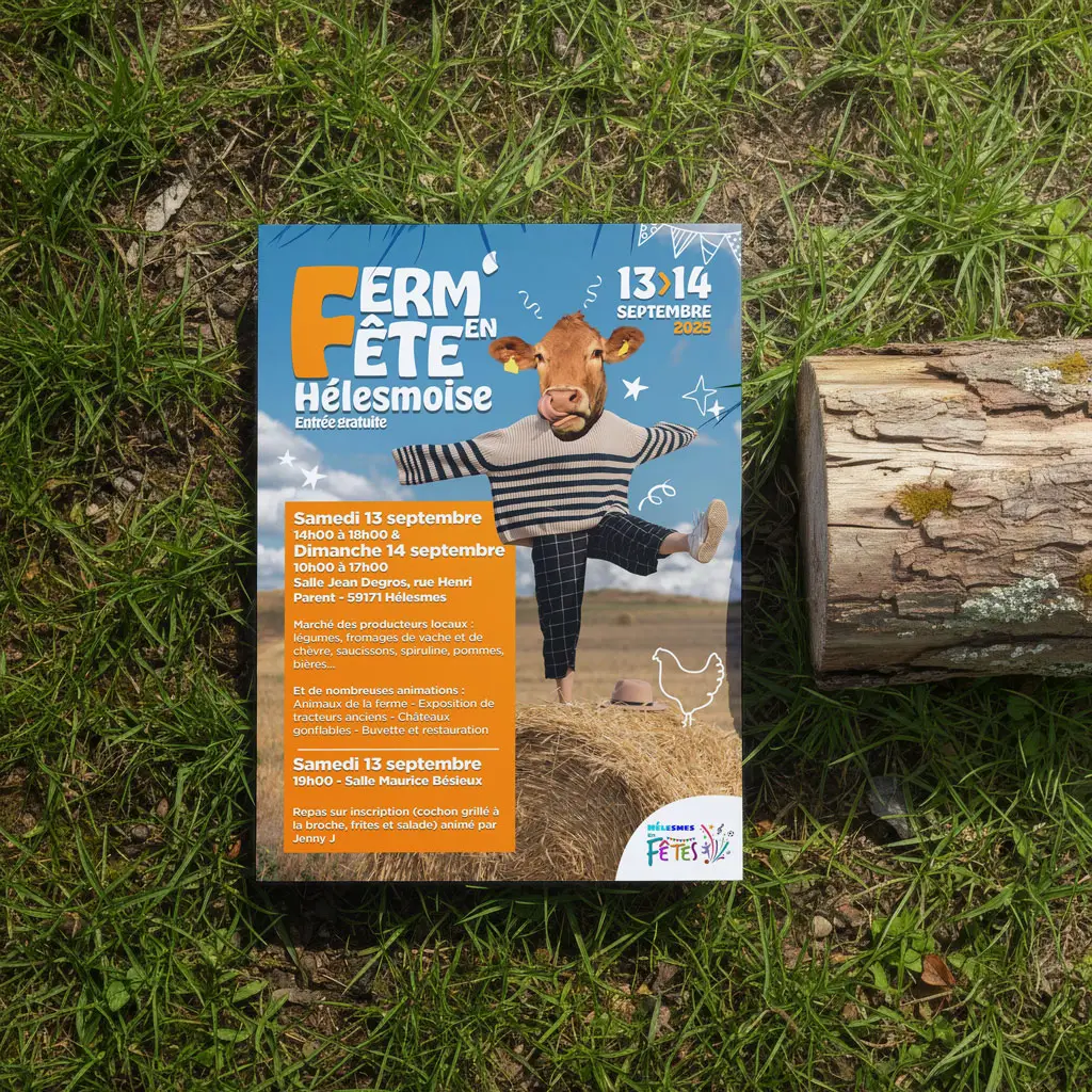 L'affiche de la ferm en fête posée dans l'herbe avec une mascotte vache