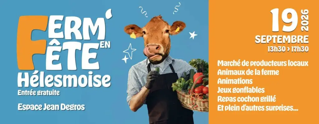 Banderole de la Ferm'en Fête hélesmoise 2026 avec la mascotte vache