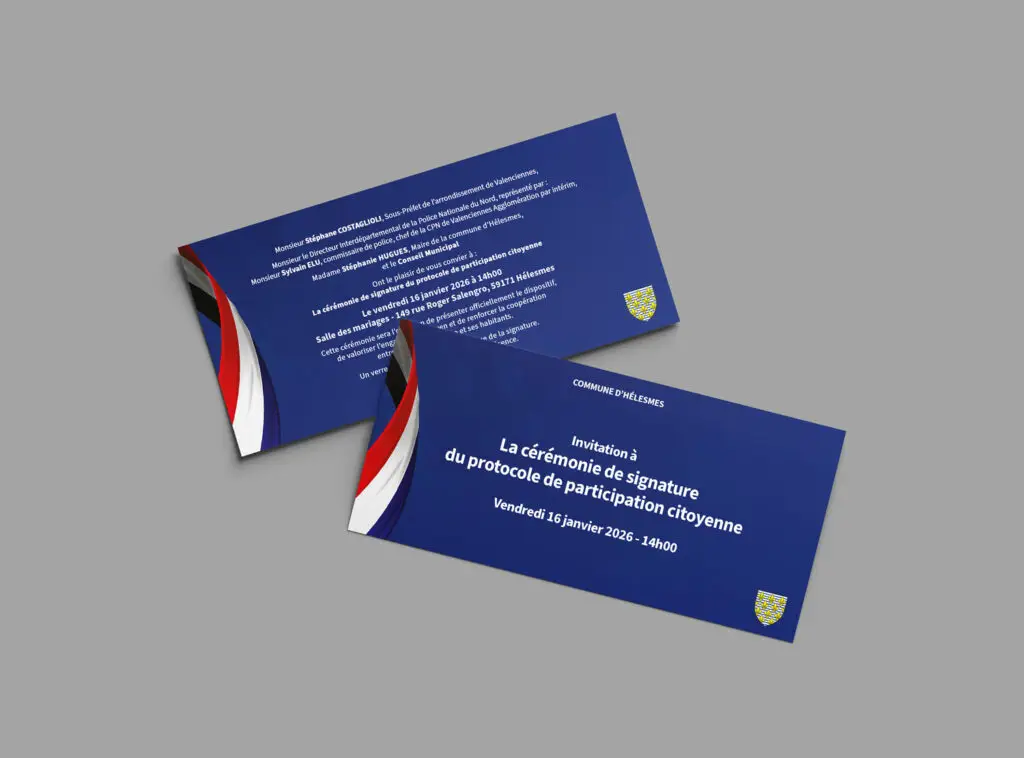 Un carton d'invitation bleu avec drapeau bleu blanc rouge sur fond gris