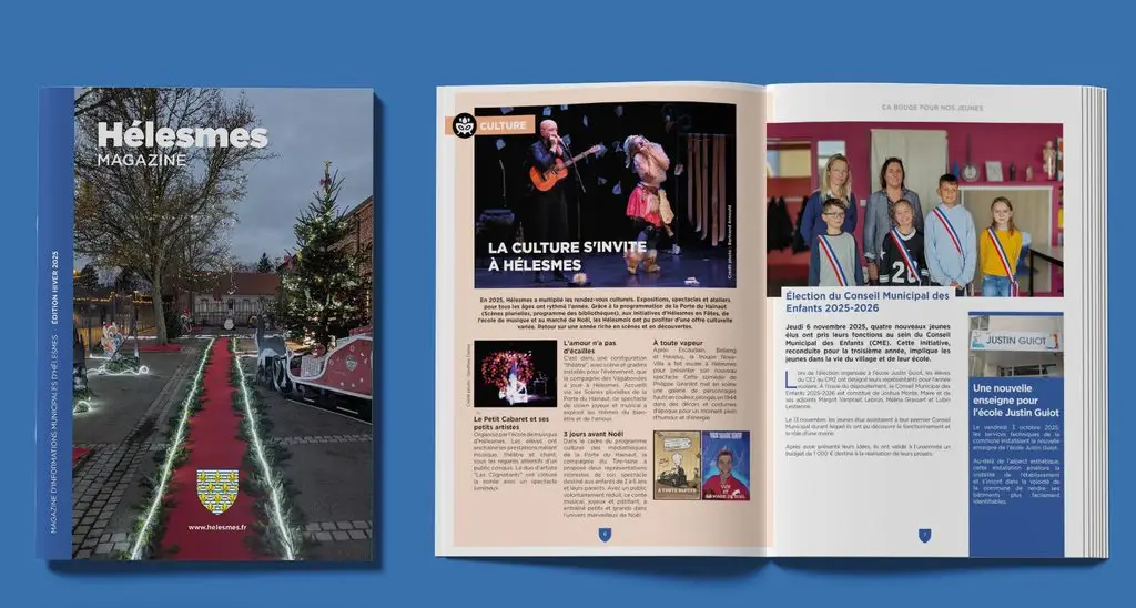 Magazine municipal Hiver 2025 de la commune d'Hélesmes sur fond bleu